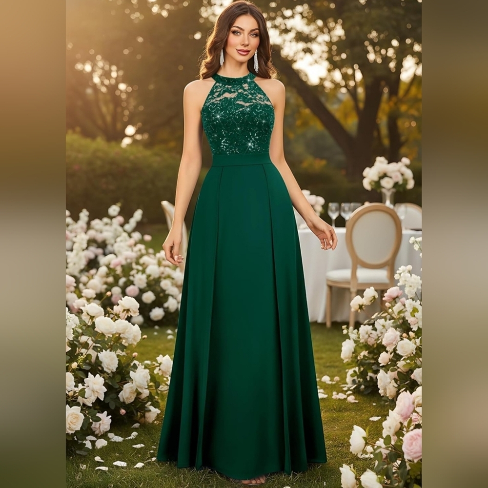 Emerald Green Formal Maxi Dress Size M NWT Lace Sequin Halter - Picture 4 of 4